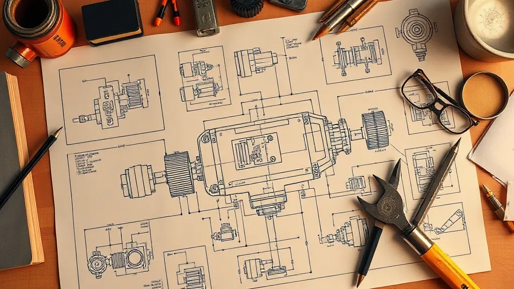 Industrial blueprint of a mechanical prototype, technical dr