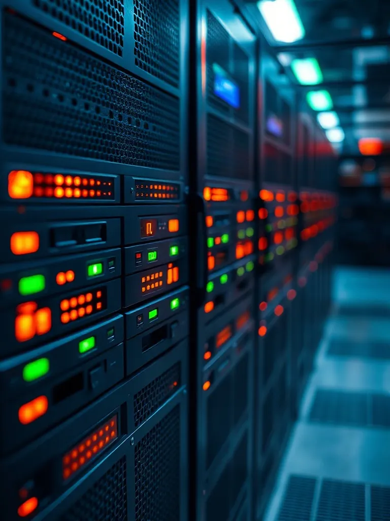 Close up of a server rack with blinking orange and green lig
