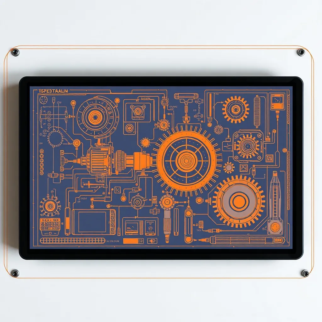 High-tech engineering blueprint on a digital screen with ora